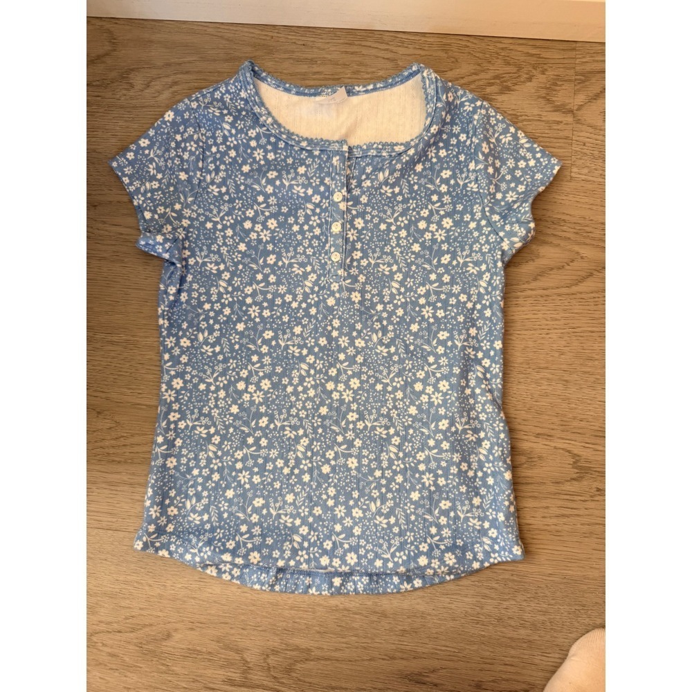 Abercrombie Kids Henley Shirt Blue Floral Ribbed Short Sleeve Girls Size 11/12